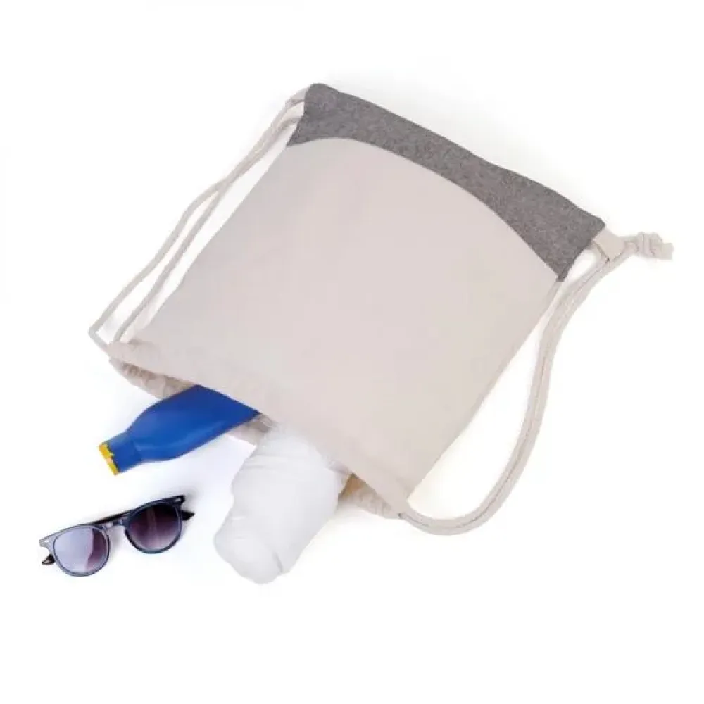 MOCHILA SACOLA EM ALGODÃO RECICLADO - BEGE NATURAL / MELANGE CINZA - 37X41CM