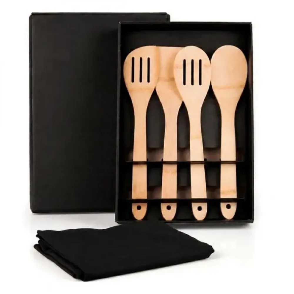 KIT UTENSÍLIOS EM BAMBU 30 CM COM AVENTAL - 5 PÇS