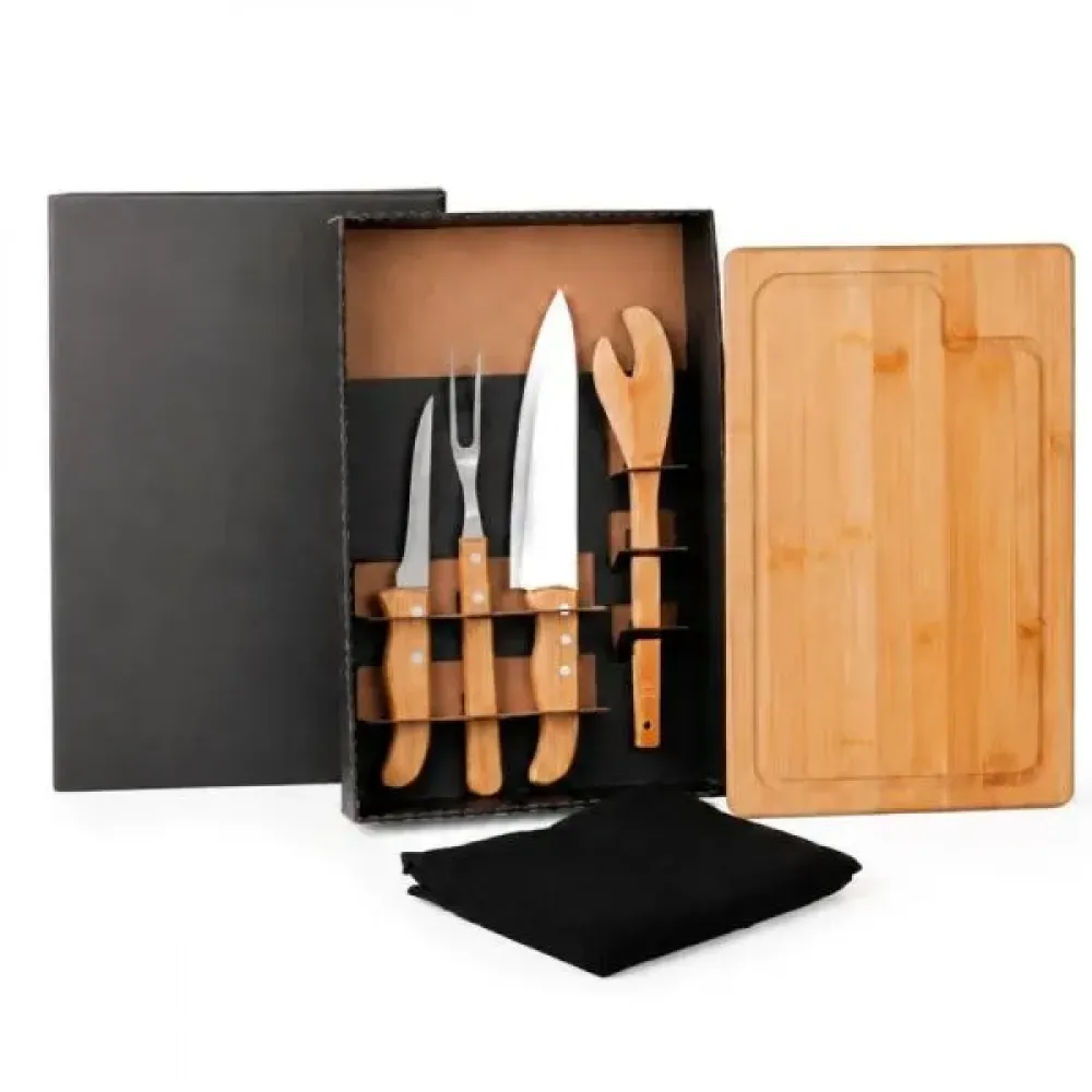 KIT PARA CHURRASCO EM BAMBU / MADEIRA / INOX COM AVENTAL - 6 PÇS