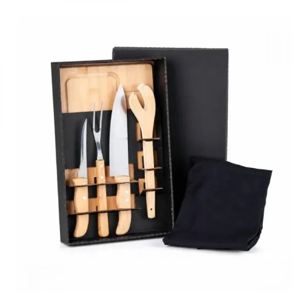 KIT PARA CHURRASCO EM BAMBU / MADEIRA / INOX COM AVENTAL - 6 PÇS