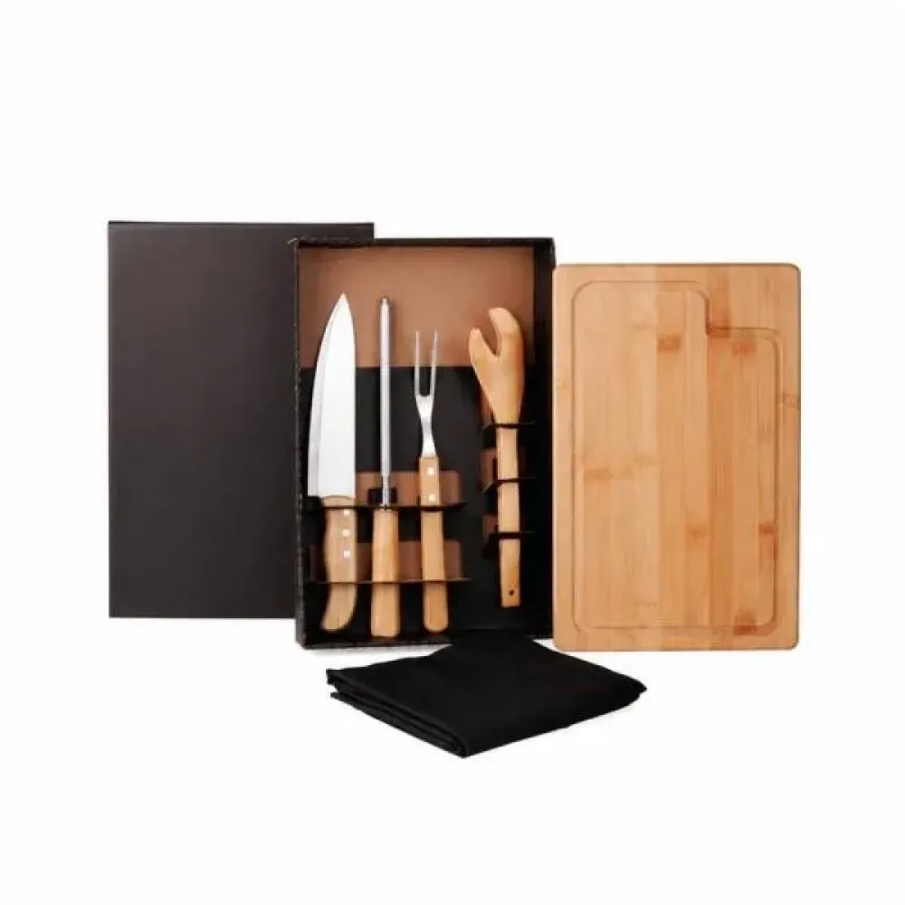 KIT PARA CHURRASCO EM BAMBU / MADEIRA / INOX COM AVENTAL - 6 PÇS