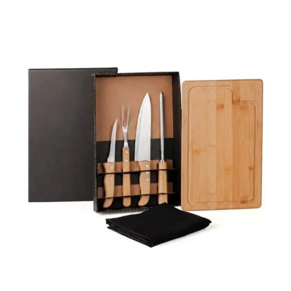 KIT PARA CHURRASCO EM BAMBU / MADEIRA / INOX COM AVENTAL - 6 PÇS