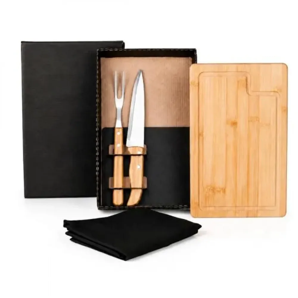 KIT PARA CHURRASCO EM BAMBU / MADEIRA / INOX COM AVENTAL - 4 PÇS