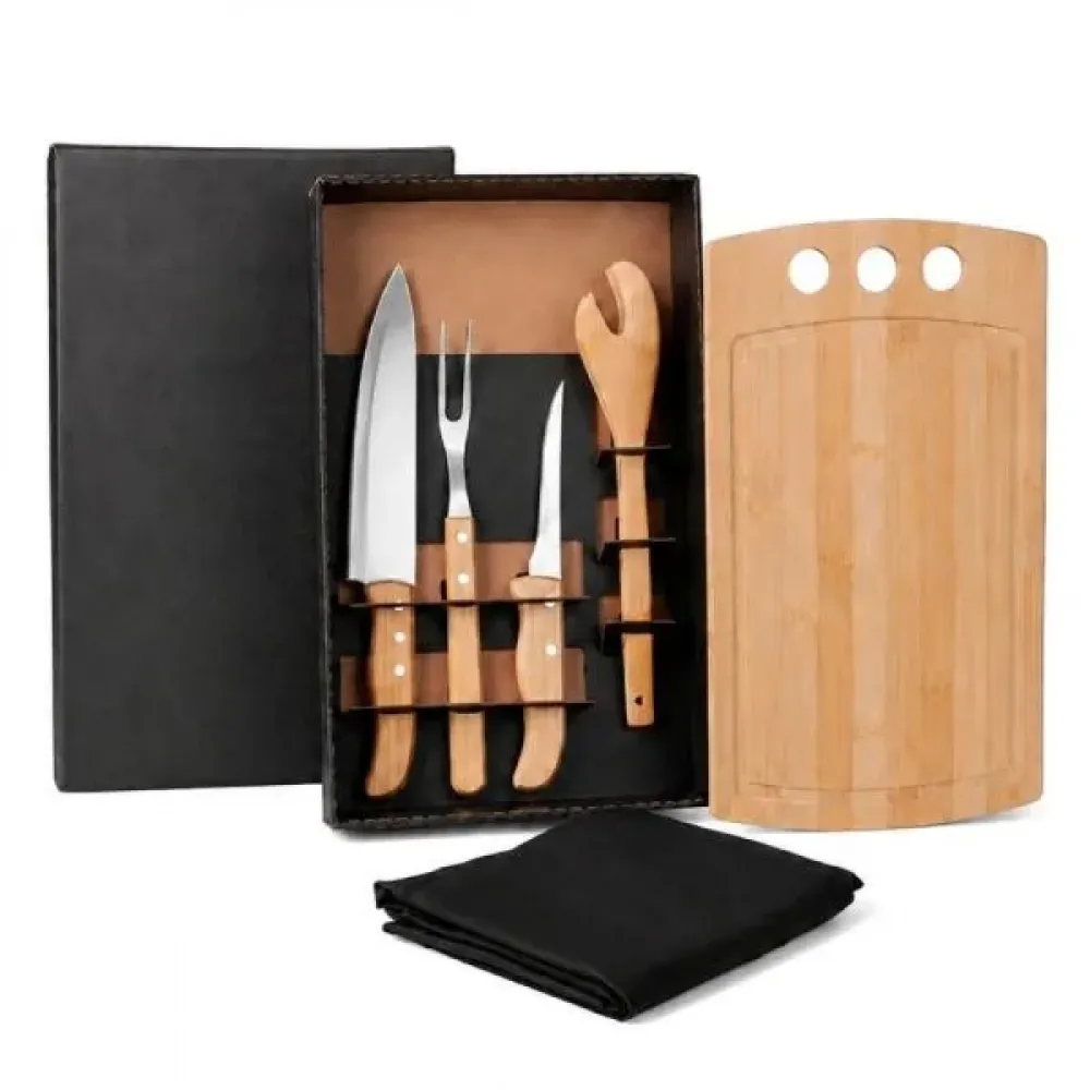 KIT PARA CHURRASCO EM BAMBU / MADEIRA / INOX COM AVENTAL - 6 PÇS