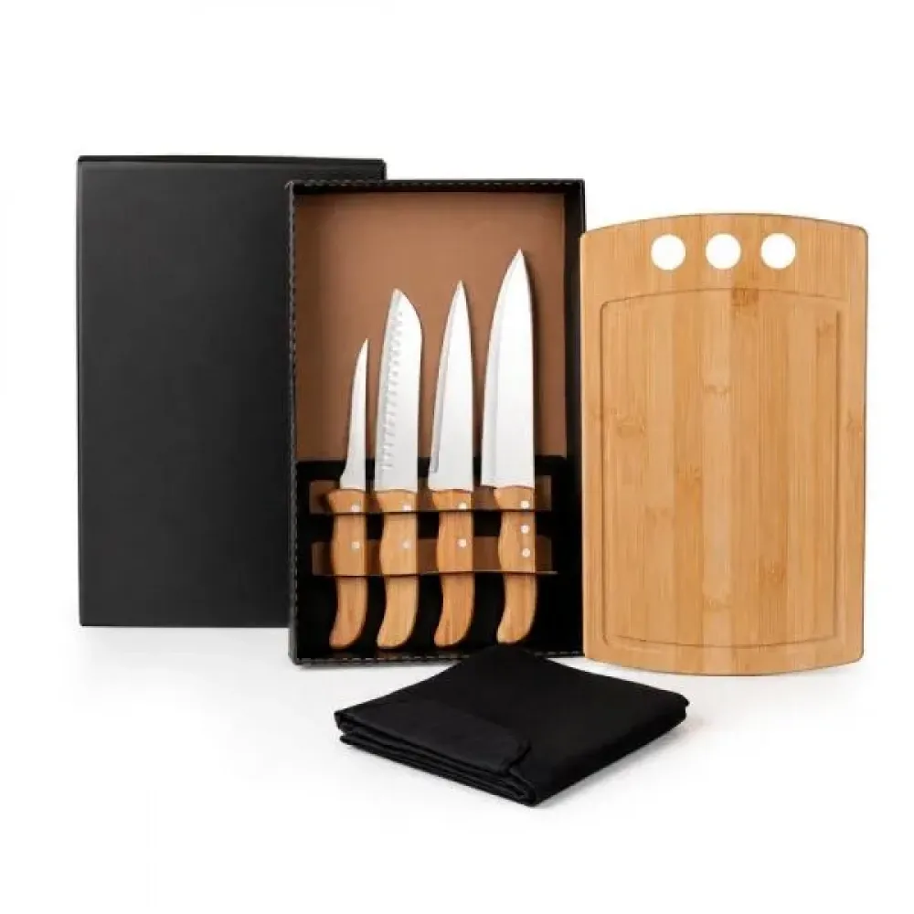 KIT PARA COZINHA EM BAMBU / MADEIRA / INOX COM AVENTAL - 6 PÇS