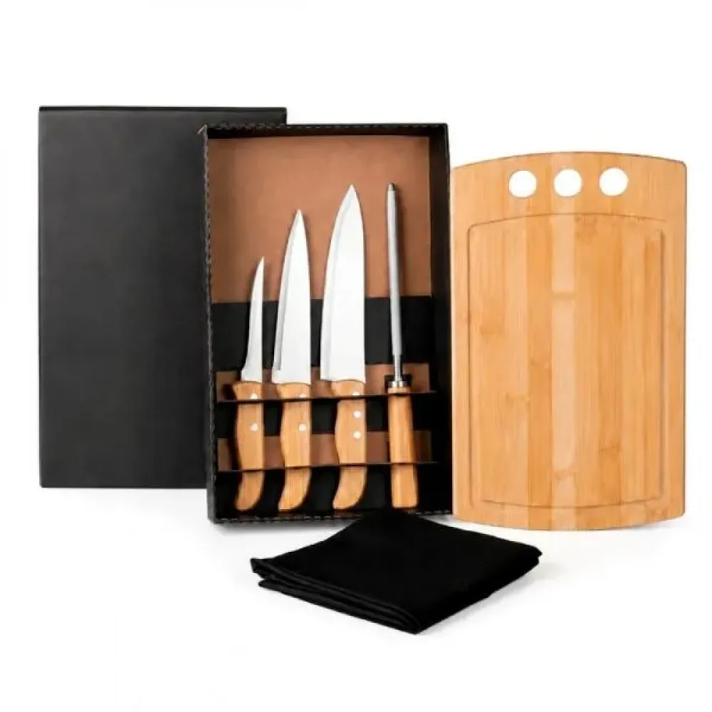 KIT PARA COZINHA EM BAMBU / MADEIRA / INOX COM AVENTAL - 6 PÇS