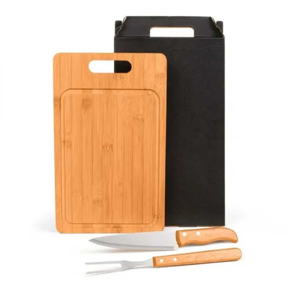 CONJ. PARA CHURRASCO EM BAMBU / MADEIRA / INOX - 3 PÇS