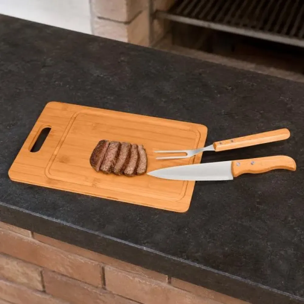 CONJ. PARA CHURRASCO EM BAMBU / MADEIRA / INOX - 3 PÇS