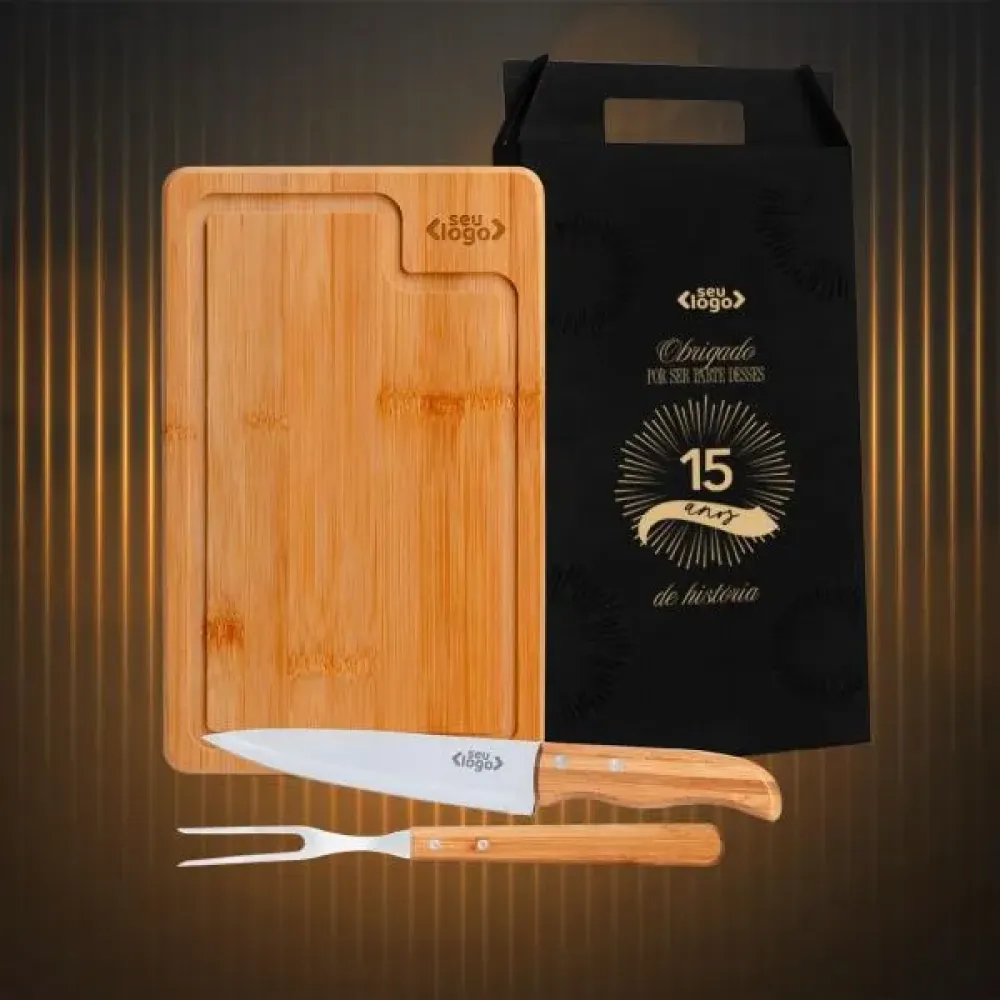 CONJ. PARA CHURRASCO EM BAMBU / INOX / MADEIRA - 3 PÇS.