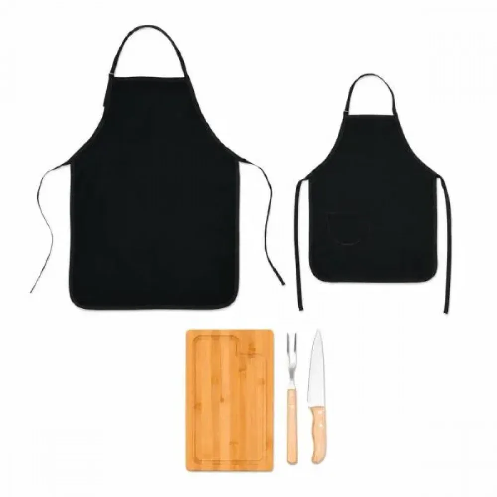 CONJ. PARA CHURRASCO COM AVENTAL E AVENTAL MINI - 5 PÇS