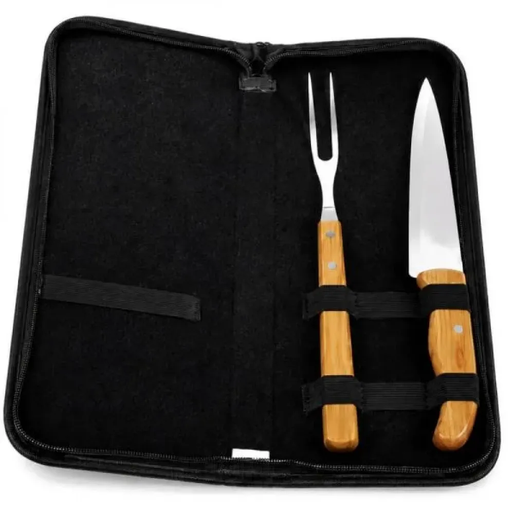 KIT GARFO, FACA  INOX/BAMBU COM ESTOJO E AVENTAL - 4 PÇS