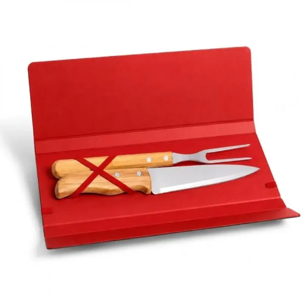CONJ. DE GARFO E FACA INOX / MADEIRA / BAMBU COM ESTOJO VERMELHO - 3 PÇS