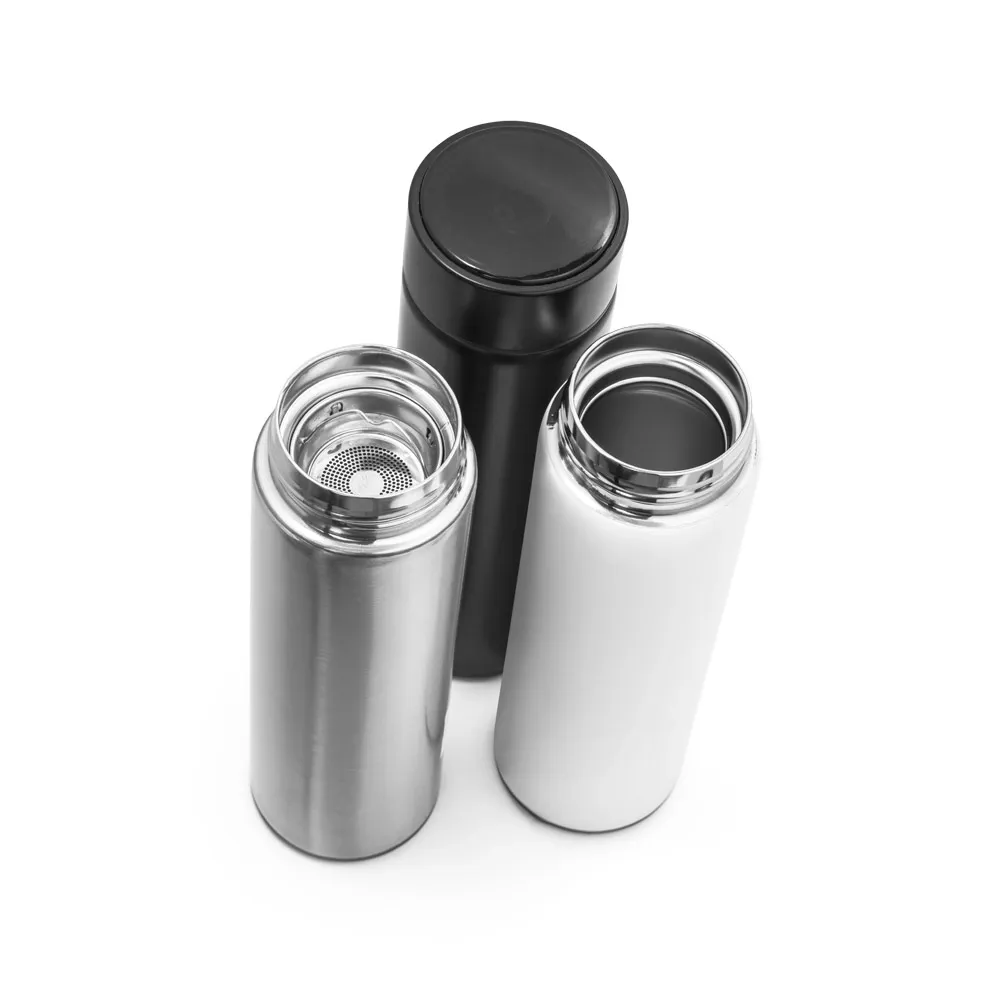 ROSSI. Garrafa térmica em aço inox de parede dupla isolada a vácuo, com termômetro digital (450 mL)