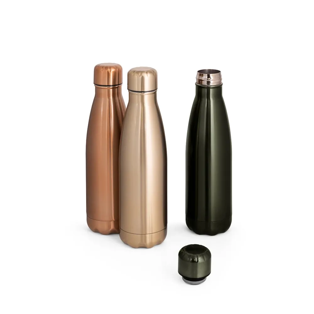 SHOW METALLIC. Garrafa térmica em aço inox de parede dupla isolada a vácuo, com acabamento metalizado (510 mL)