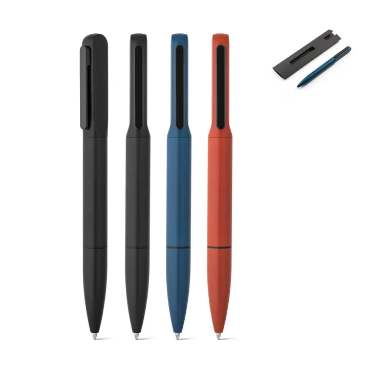 VALERIUS. Esferográfica em alumínio 94% reciclado com iluminação no clipe e escrita em azul