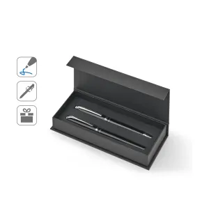 SARAMAGO. Set premium composto por 1 caneta esferográfica e 1 caneta roller em cobre e aço inox, com escrita em azul