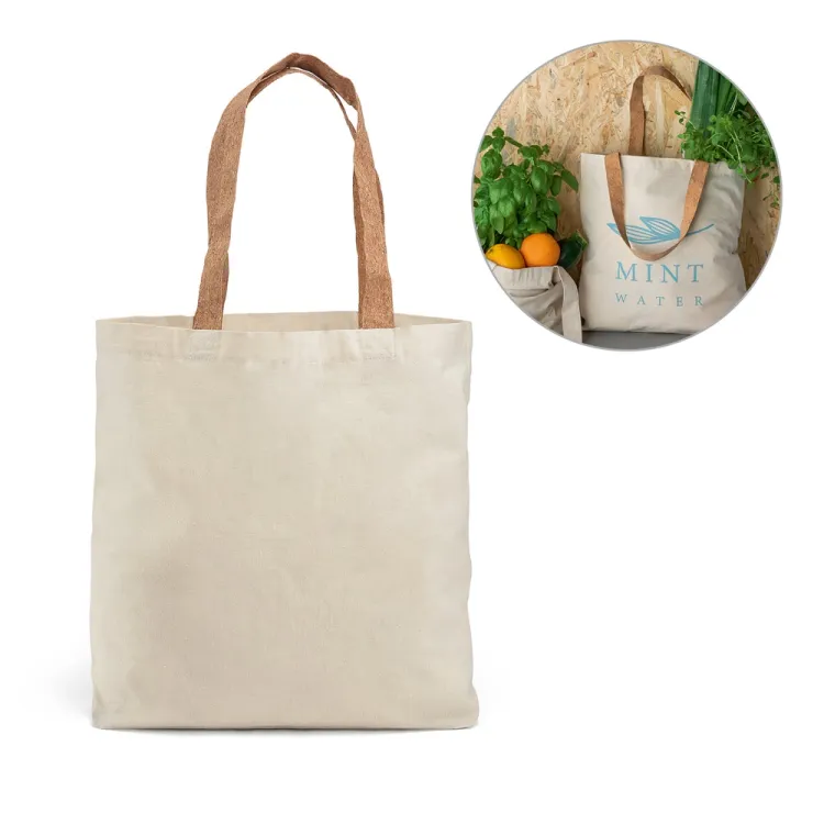 FERIA. Sacola 100% algodão (180 g/m²) com alças em cortiça e bolso interior