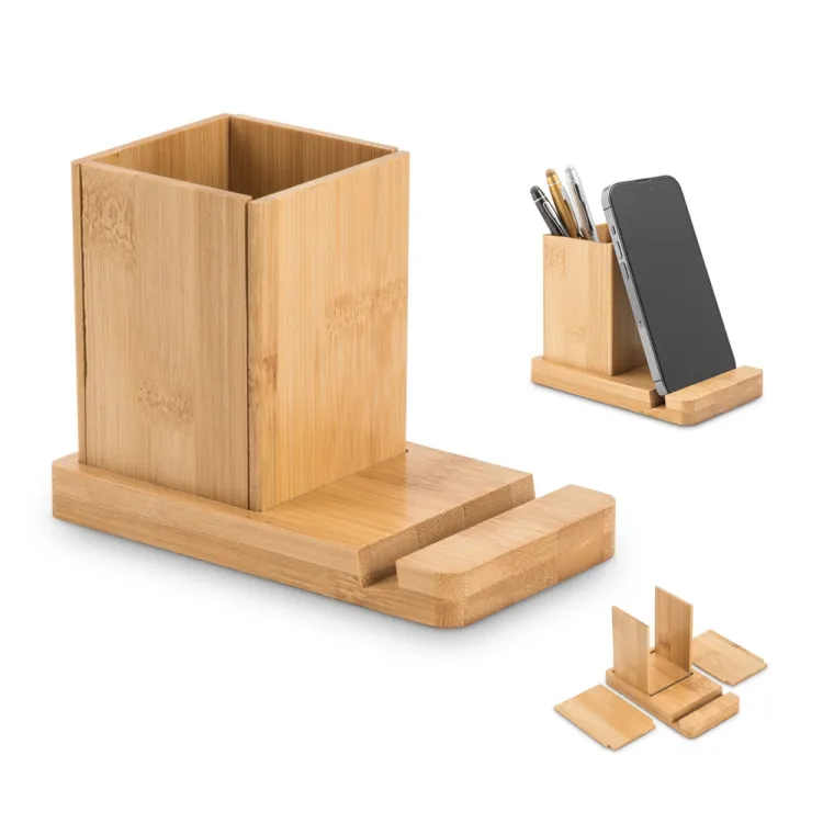 ERWIN. Conjunto de secretária com suporte para celular e copo, em bambu