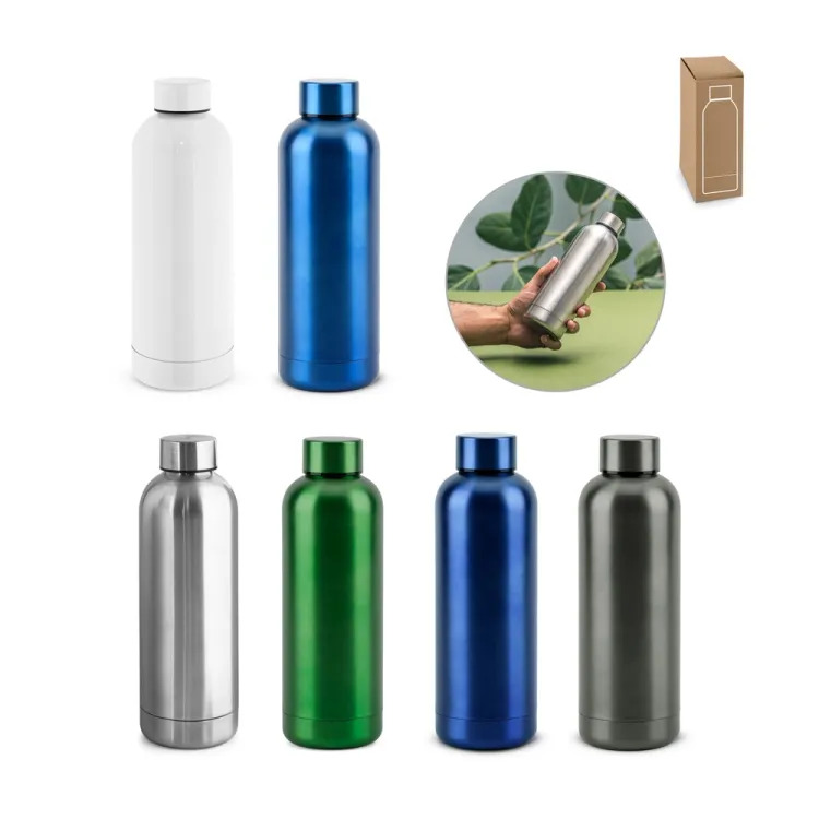 ODIN METTALIC. Garrafa em aço inox 90% reciclado de parede dupla térmica, isolada a vácuo 550 mL