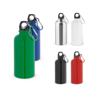 KARSTEN M. Squeeze esportiva em aço inox, de parede simples e acabamento brilhante com mosquetão 560 mL