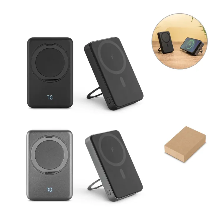 WARSHEL 10. Bateria portátil magnética em ABS 100% reciclado com suporte, carregador por indução (wireless) super-rápido 15W e capacidade de 10 000 mAh