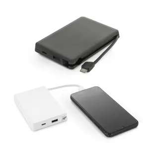LATTES. Bateria portátil em ABS 100% reciclado, com cabo integrado e capacidade de 10 00 mAh