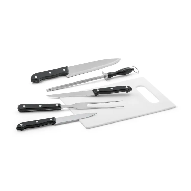 BOTALY. Kit churrasco em estojo de nylon 210D com tábua em PP e 5 utensílios em aço inox e PP