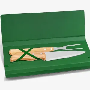 CONJ. DE GARFO E FACA INOX / BAMBU COM ESTOJO VERDE - 3 PÇS