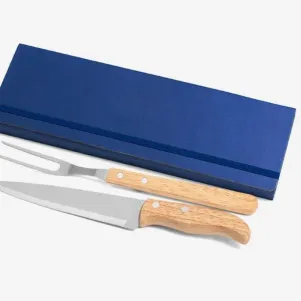 CONJ. DE GARFO E FACA INOX / MADEIRA COM ESTOJO AZUL - 3 PÇS