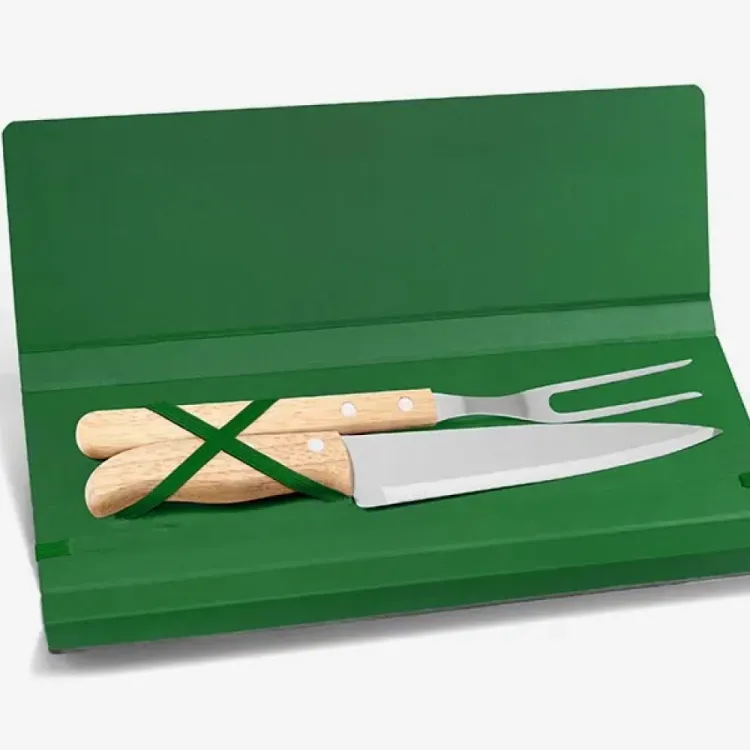 CONJ. DE GARFO E FACA INOX/MADEIRA COM ESTOJO VERDE-3 PÇS