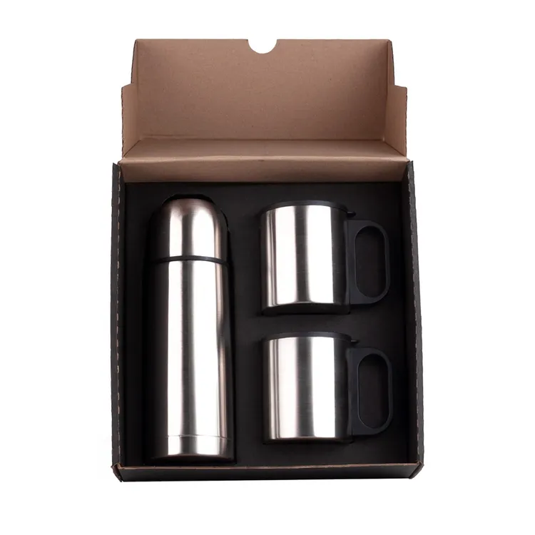 CONJ. DE GARRAFA E CANECA EM AÇO INOX  330/180 ML - 3 PÇS