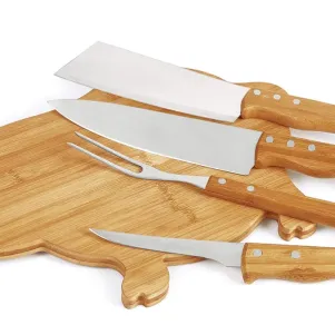 CONJ. PARA COZINHA EM BAMBU / INOX - 5 PÇS