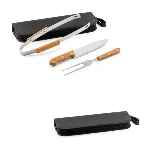 GARLIC. Kit churrasco em estojo de 210D com 3 utensílios em aço inox e madeira de seringueira
