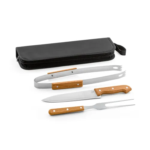 GARLIC. Kit churrasco em estojo de 210D com 3 utensílios em aço inox e madeira de seringueira