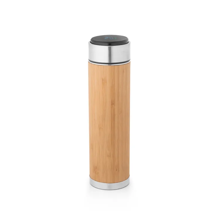 JOSHUA. Squeeze térmico em aço inox reciclado e bambu com termómetro digital 430 mL