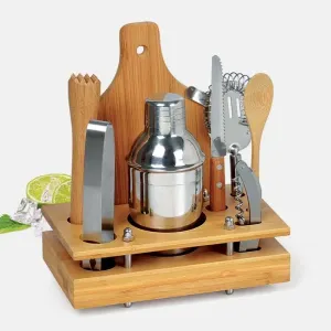 CONJUNTO PARA BAR EM BAMBU / MADEIRA / INOX - 8 PÇS