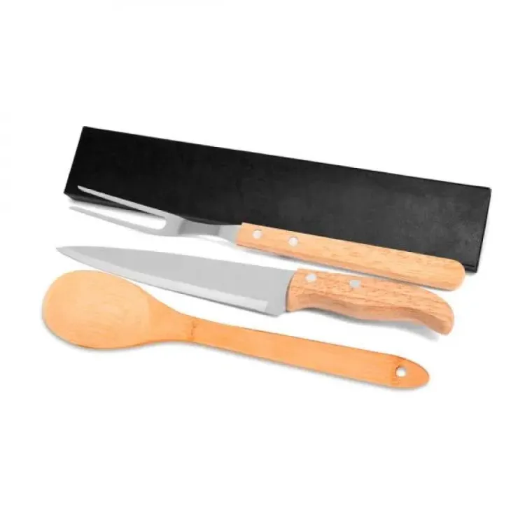 CONJ. GARFO, FACA 7  EM MADEIRA E COLHER EM BAMBU - 3 PÇS