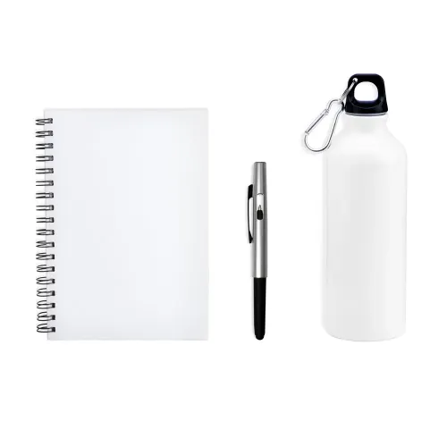 KIT COM SQUEEZE, CANETA E CADERNO - BRANCO - 3 PÇS