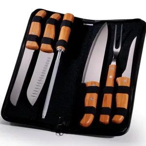 KIT DE FACAS, CHAIRA E GARFO INOX/BAMBU COM ESTOJO - 7 PÇS