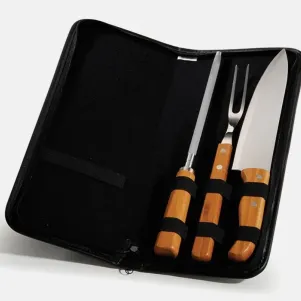 KIT GARFO, FACA E CHAIRA INOX / BAMBU COM ESTOJO - 4 PÇS