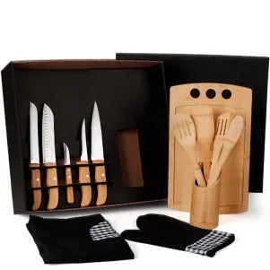 KIT GOURMET COM TÁBUA, FACAS, COLHERES - 13 PÇS