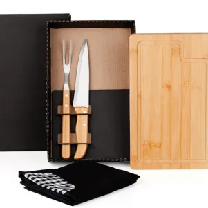 KIT PARA CHURRASCO BAMBU / INOX COM AVENTAL E TÁBUA 4 PÇS