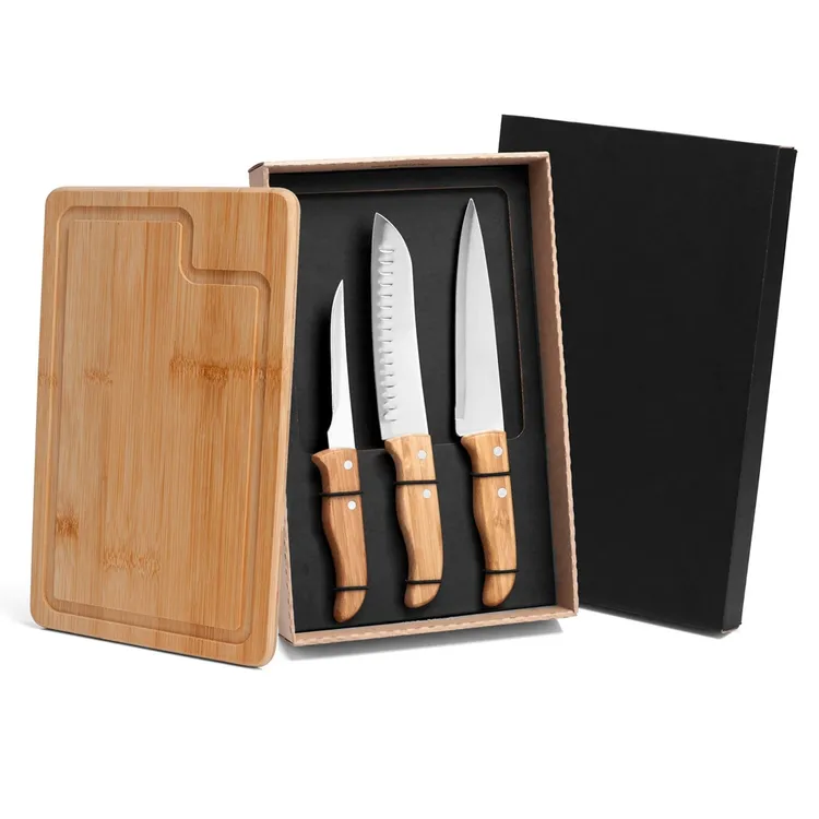 KIT PARA CHURRASCO / COZINHA EM BAMBU / INOX - 4 PÇS