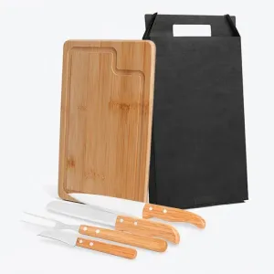 KIT PARA CHURRASCO EM BAMBU COM TÁBUA E FACAS LEGUMES, PÃO