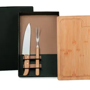 KIT PARA CHURRASCO EM BAMBU COM TÁBUA, FACA E GARFO