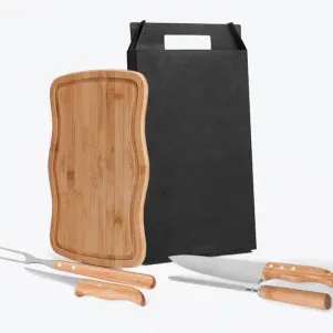 KIT PARA CHURRASCO EM BAMBU / INOX TÁBUA ARREDONDADA 5 PÇS