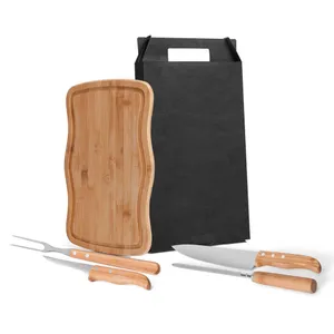 KIT PARA CHURRASCO EM BAMBU / INOX TÁBUA ARREDONDADA 5 PÇS