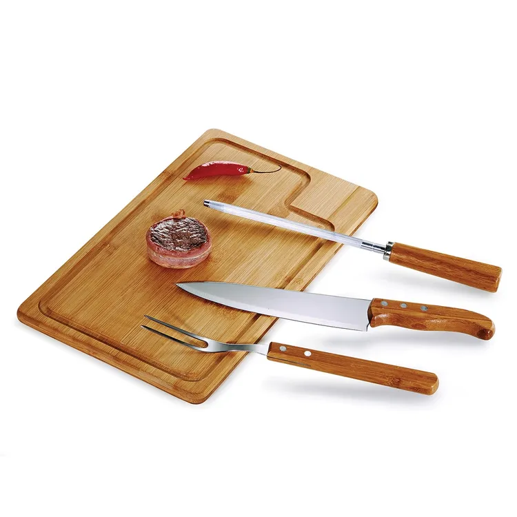 KIT PARA CHURRASCO EM BAMBU / INOX TEXAS COM CHAIRA 4 PÇS