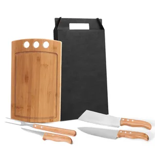 KIT PARA CHURRASCO OU COZINHA EM BAMBU / INOX - 5 PÇS