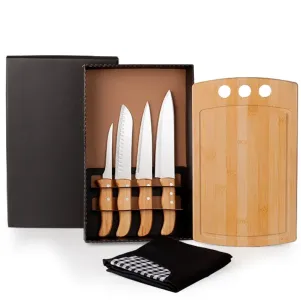 KIT PARA COZINHA EM BAMBU COM AVENTAL, TÁBUA E FACAS 6 PÇS